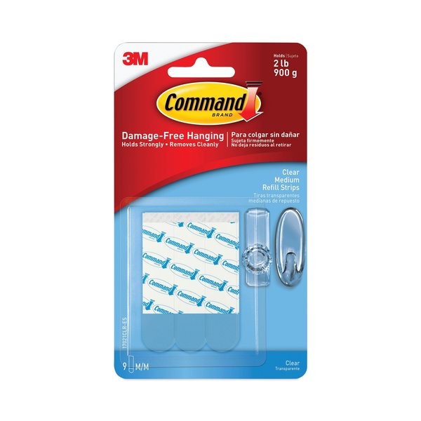Command Refill Strips, Removable, Holds Up to 2 lbs, 0.63 x 1.75, Clear, PK9 17021CLR-ES